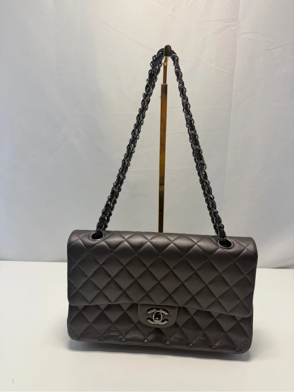 CHANEL Quilted Double Flap Shoulder Bag in Gray